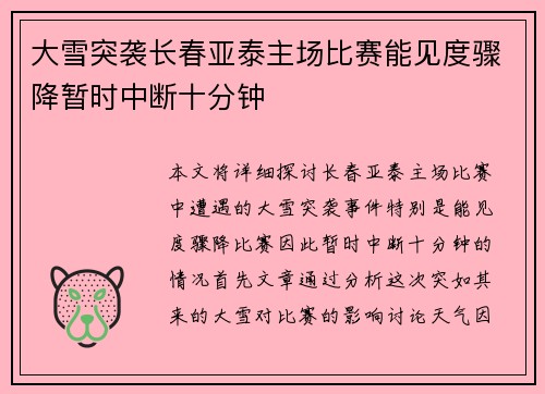 大雪突袭长春亚泰主场比赛能见度骤降暂时中断十分钟